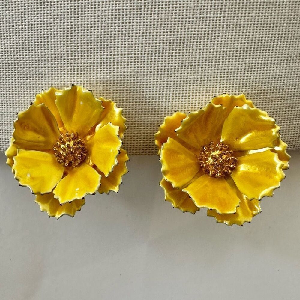 Vintage Yellow Enamel Flower Clip-On Earrings